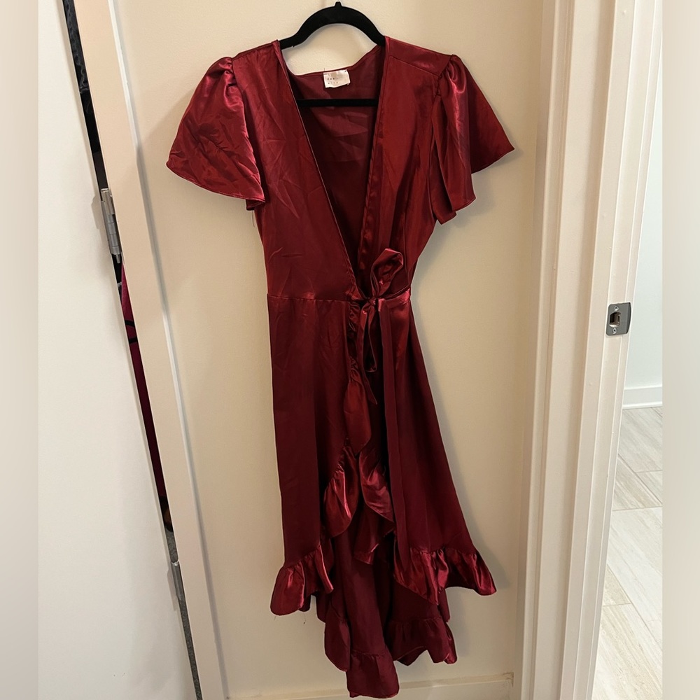 Red satin wrap dress- medium